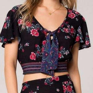 Band of Gypsies Cambridge Black Smocked Blouse Crop Top